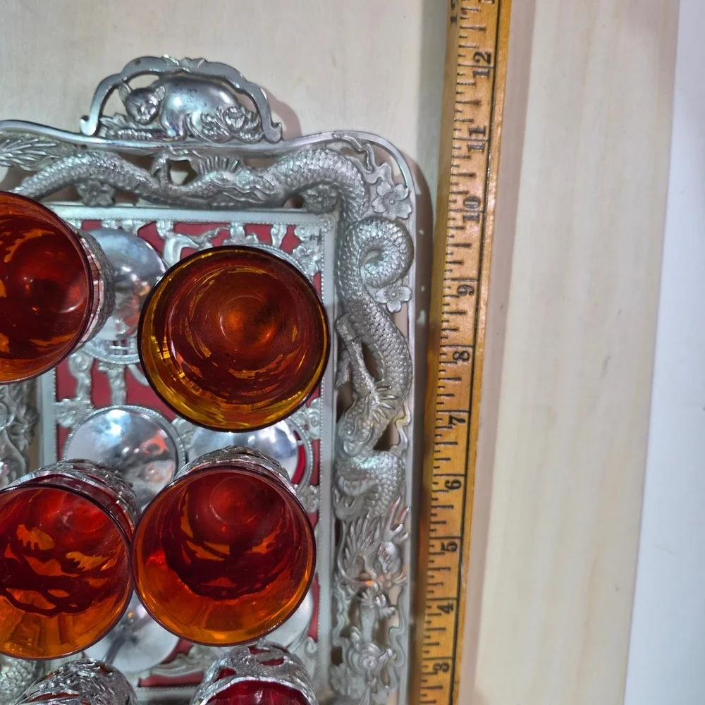 Vintage Japanese Sake Set 6 Red Dragon Cordial Glasses and Matching Serving Tray